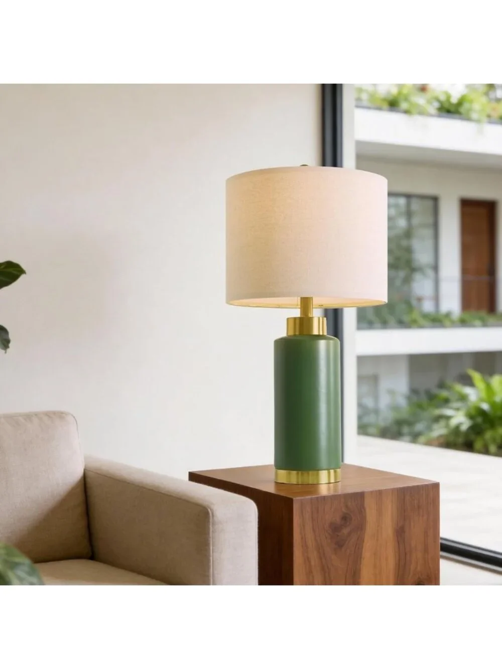 Set of 2 Modern Green Ceramic Table Lamps - Mid-Century Nightstand Lighting
